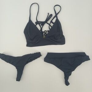 Gooseberry Seaside dark bluish Gray 3 Piece Bikini Lace Up Top S Thong Bottom XS